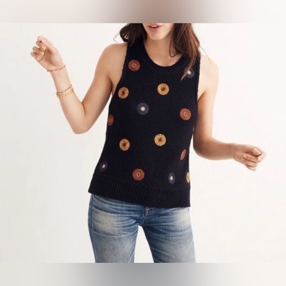 Madewell Embroidered Sweater Vest Tank Night Vision Navy M